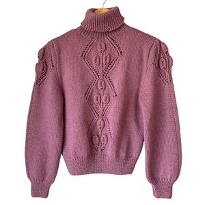 Intarsia 100% Pure Wool Handknit Mauve Pink Turtleneck Sweater, Small